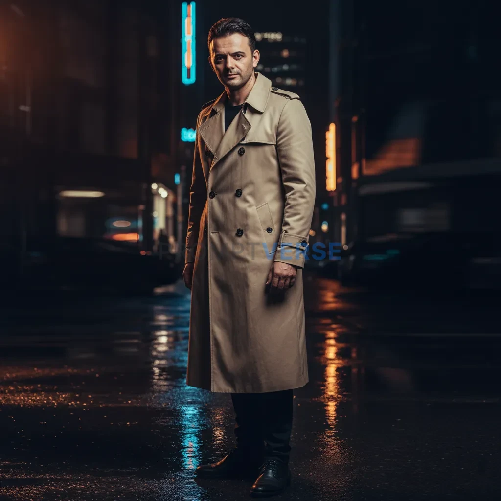 Dramatic portrait of a man in a long beige trench coat standing over a reflective wet surface, dark cinematic background, mood - PromptVerse