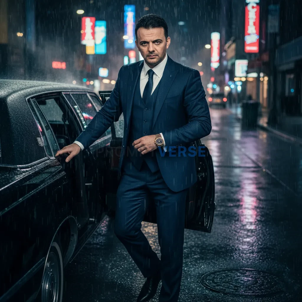 Editorial cinematic shot, mafia-inspired man in a sharp navy suit stepping out of a black limousine, rain-soaked city street r - PromptVerse