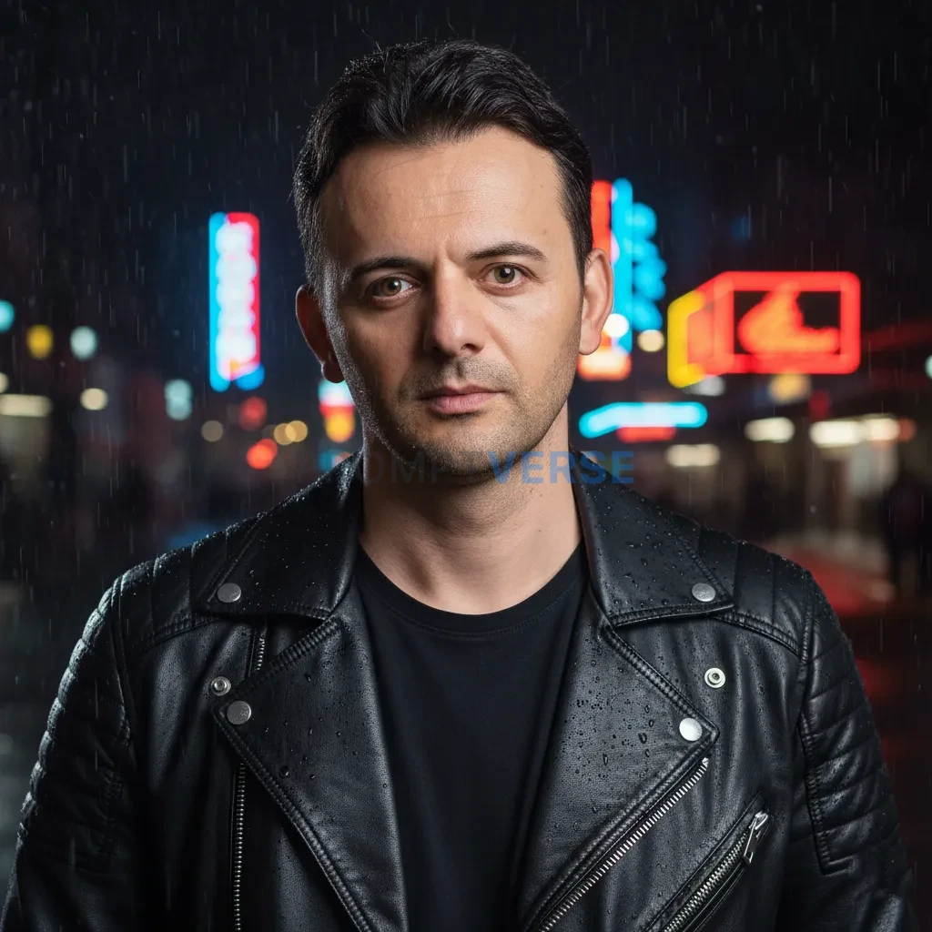 Cinematic close portrait of a man in a leather biker jacket, soft rain falling on his shoulders, blurred neon lights in the ba - PromptVerse