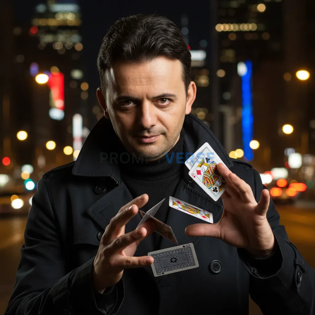 Cinematic close-up, man in dark coat performing card trick mid-air, cards frozen in motion, night city lights blurred behind. - PromptVerse