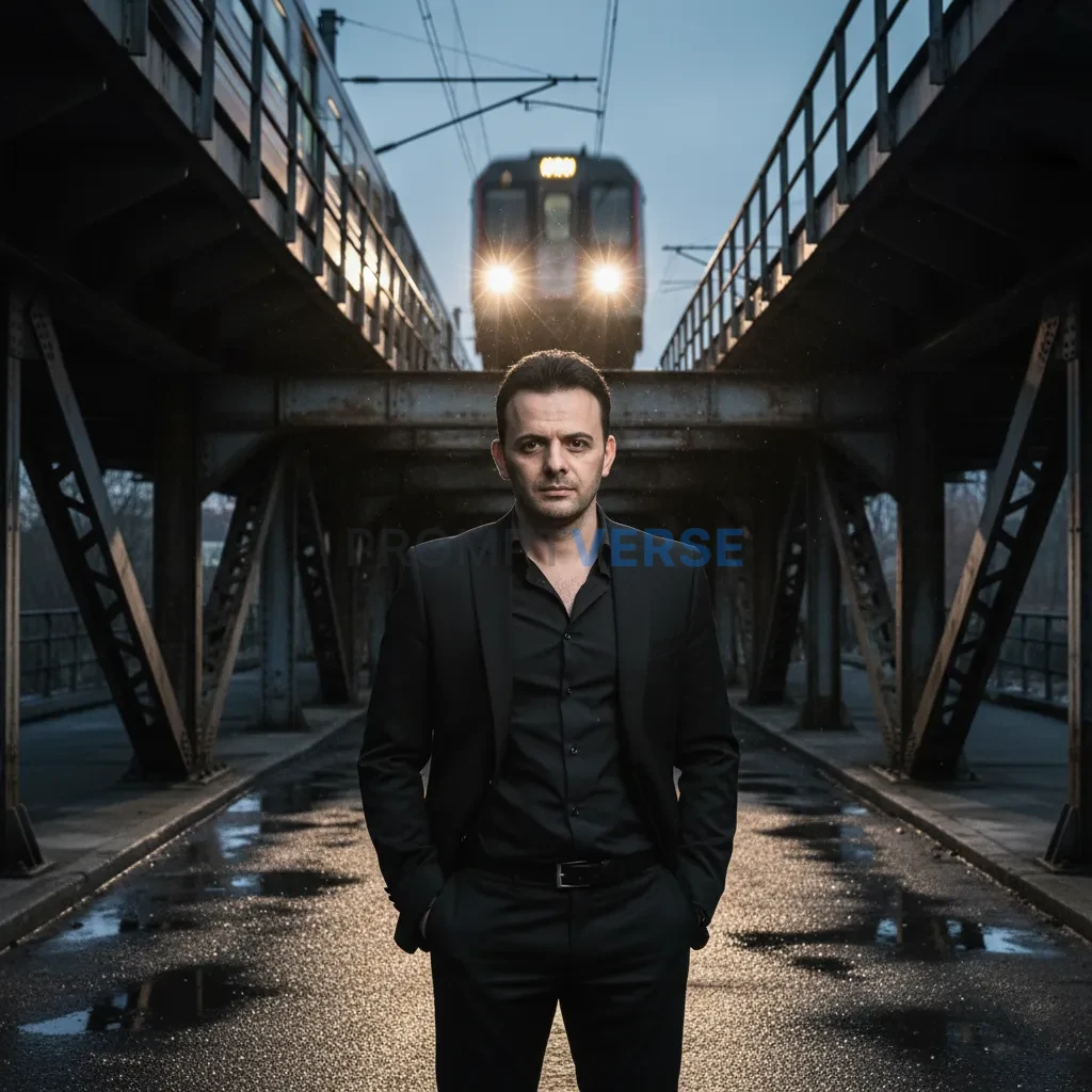 Cinematic street portrait, man standing under railway bridge, trains passing above, dressed in black suit with undone shirt co - PromptVerse
