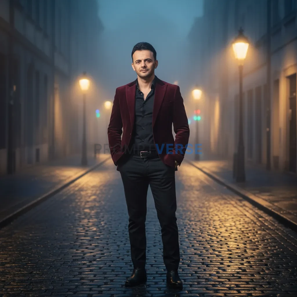 Cinematic portrait of man in narrow foggy street, wearing velvet blazer and boots, faint silhouettes of old street lamps in ba - PromptVerse