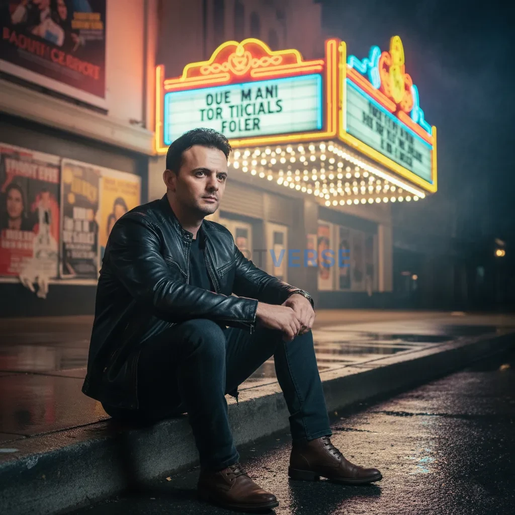 Cinematic portrait of man sitting on curb near old theater, bright sign lights reflecting off his leather jacket, soft smoke i - PromptVerse