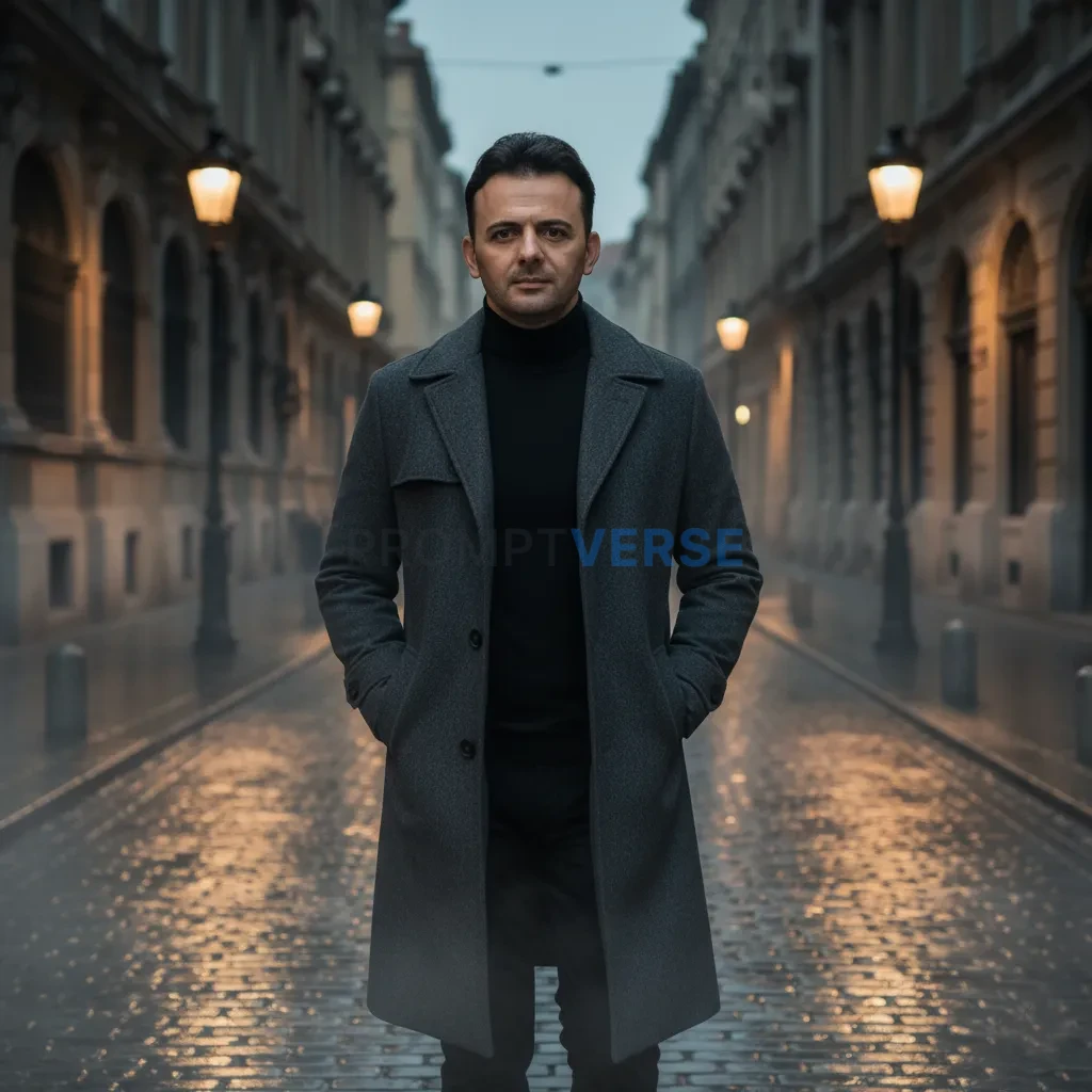 Fashion portrait, man walking confidently past vintage European architecture, black turtleneck and long wool coat, muted cinem - PromptVerse