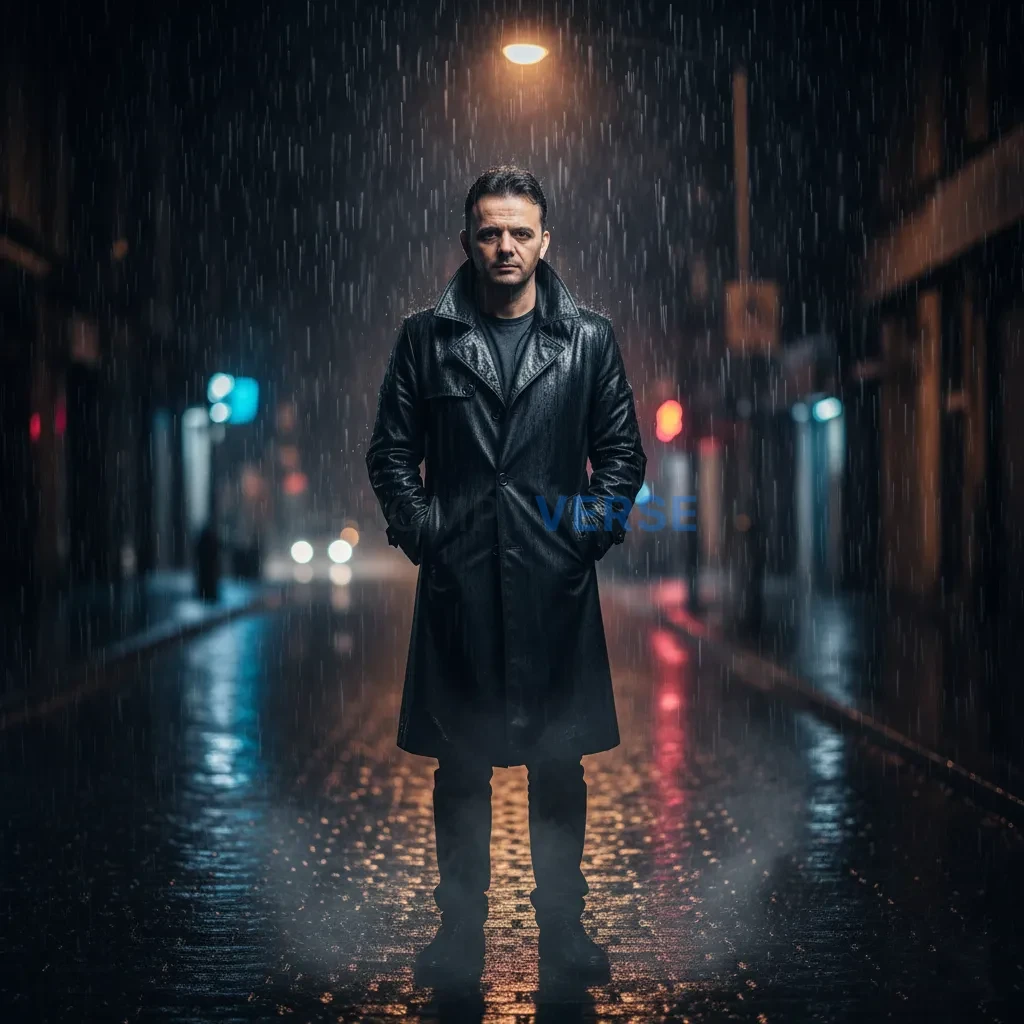 Cinematic editorial portrait, man standing under a flickering streetlight in the rain, coat collar up, hands in pockets, subtl - PromptVerse