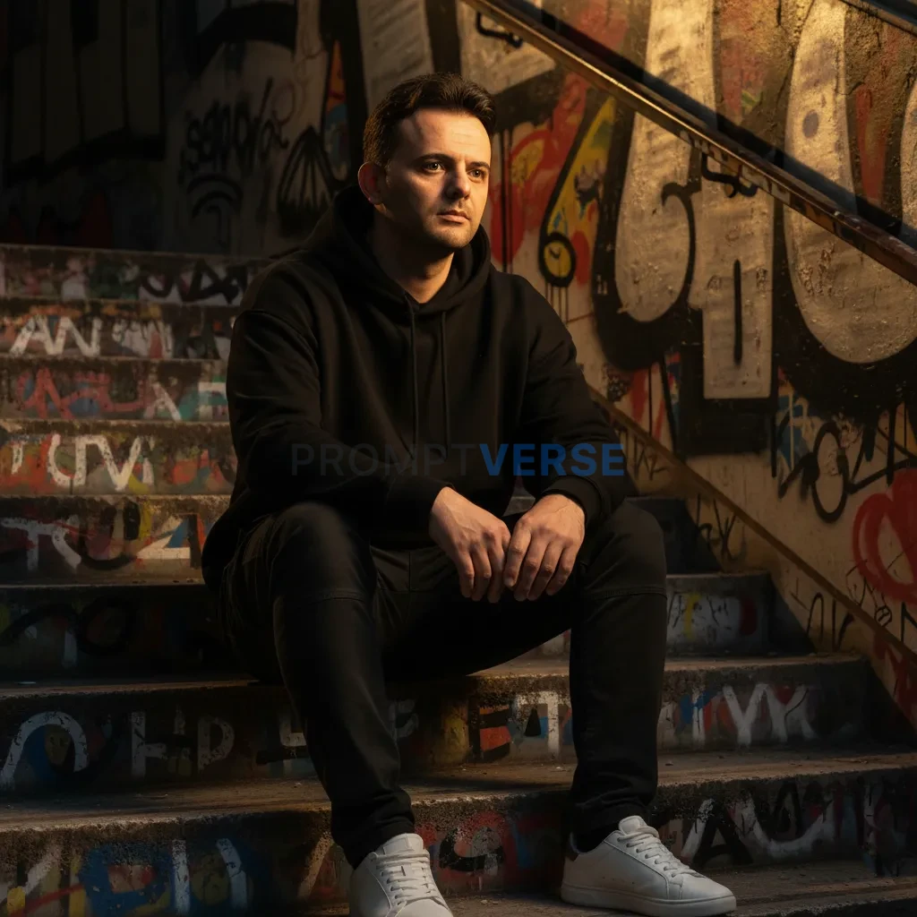 Ultra-detailed portrait, man seated on old concrete stairs with graffiti walls behind, wearing minimalist streetwear, cinemati - PromptVerse