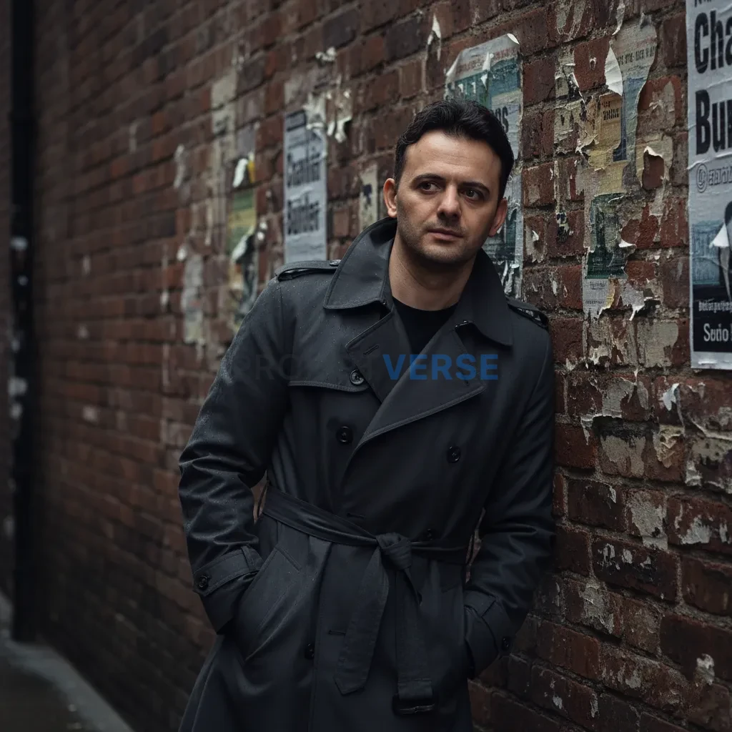 Cinematic portrait, man leaning against old brick wall with cracked posters, wearing dark trench coat and silver rings, moody  - PromptVerse