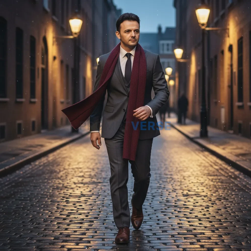 Editorial fashion portrait, man walking through narrow cobblestone street at dusk, tailored outfit and soft golden streetlight - PromptVerse