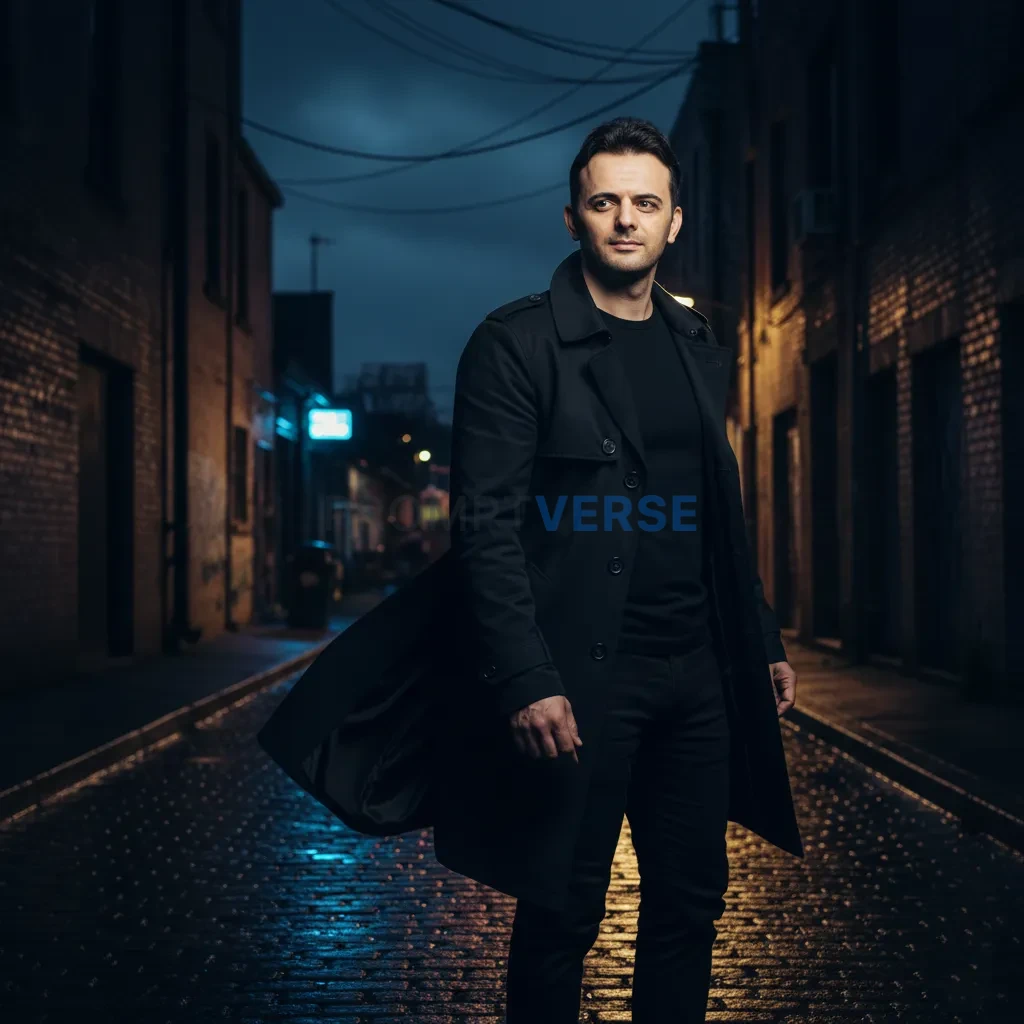 "Cinematic portrait of a stylish man standing at a dimly lit alley corner, black long coat fluttering, neon reflections on wet - PromptVerse