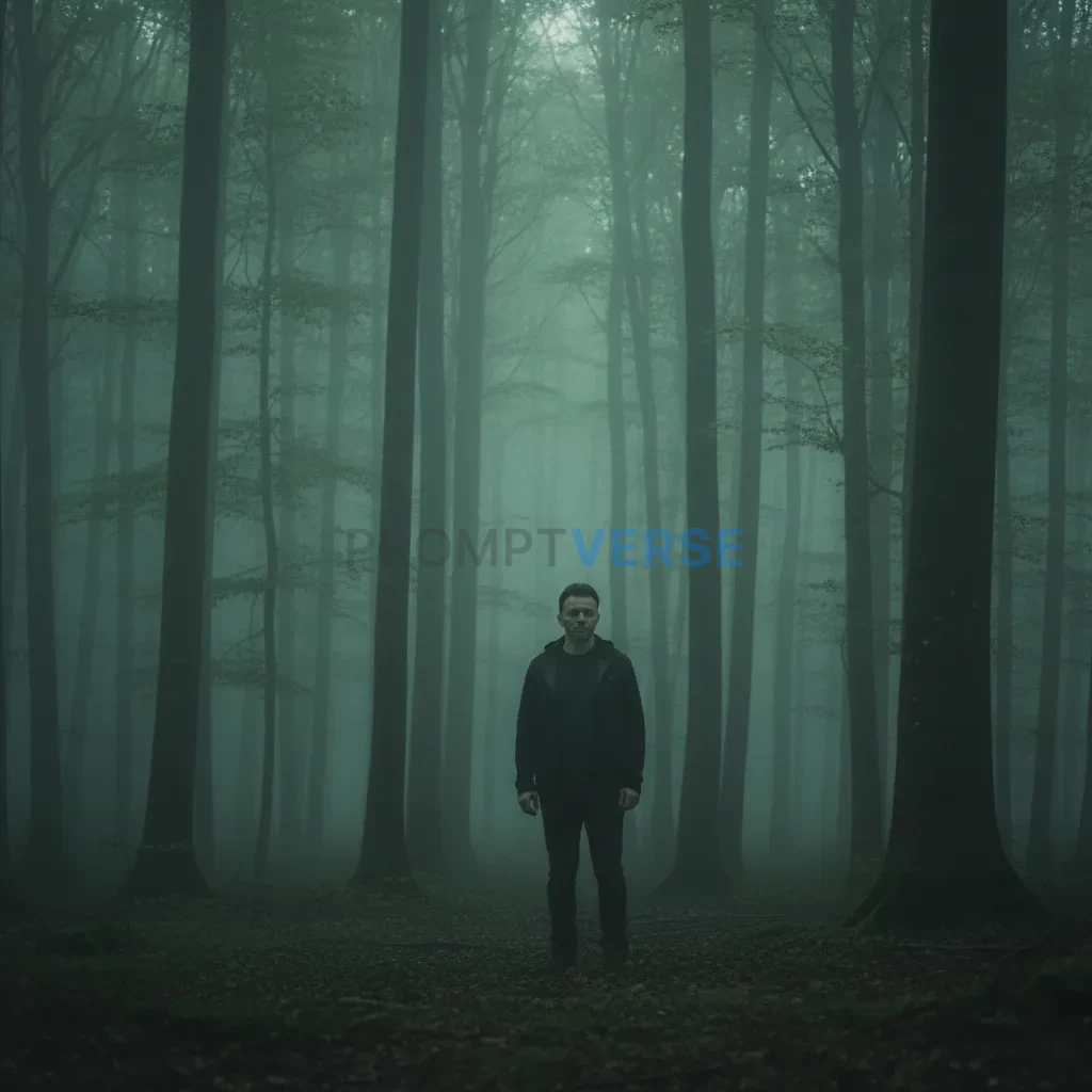 Man standing alone in a foggy forest, moody cinematic lighting, green tone grading, mysterious atmosphere, ultra realistic fil - PromptVerse