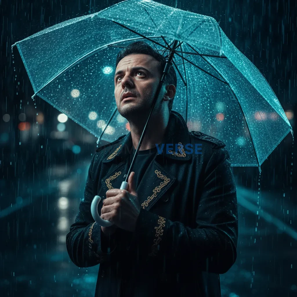 A cinematic portrait of a young man standing in the rain under a transparent umbrella, soft lighting, moody and melancholic at - PromptVerse