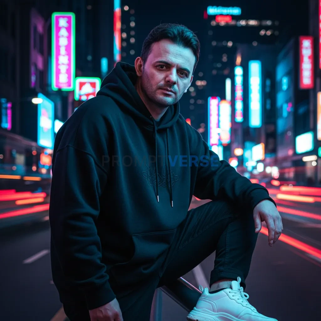 Ultra-detailed portrait, person styled in streetwear (oversized hoodie + sneakers), neon city backdrop, modern urban mood. - PromptVerse
