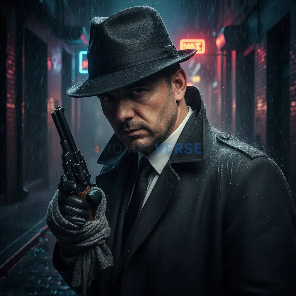 Cinematic close-up, man in trench coat holding a pistol wrapped in cloth, blurred rainy street glowing in background, noir thr - PromptVerse