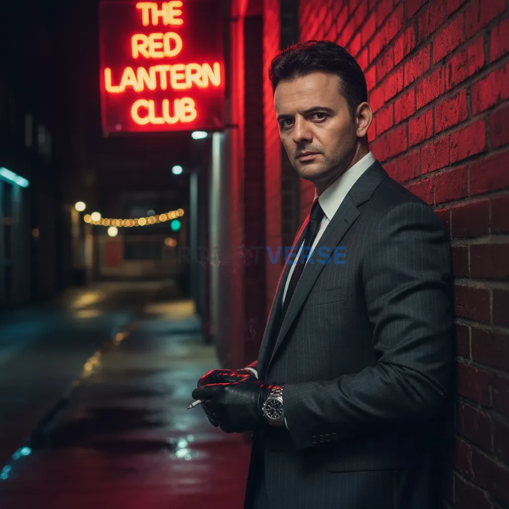 High-quality portrait of a mafia-style man in pinstripe suit leaning against brick wall, neon sign glowing red behind him, cin - PromptVerse