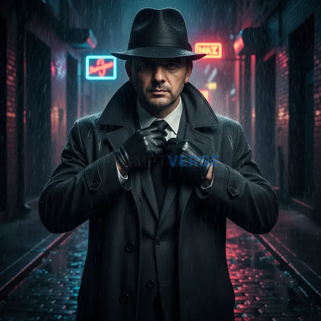 Ultra-detailed portrait, mafia hitman in leather gloves adjusting tie in a rain-soaked alley, dramatic shadow play from neon r - PromptVerse