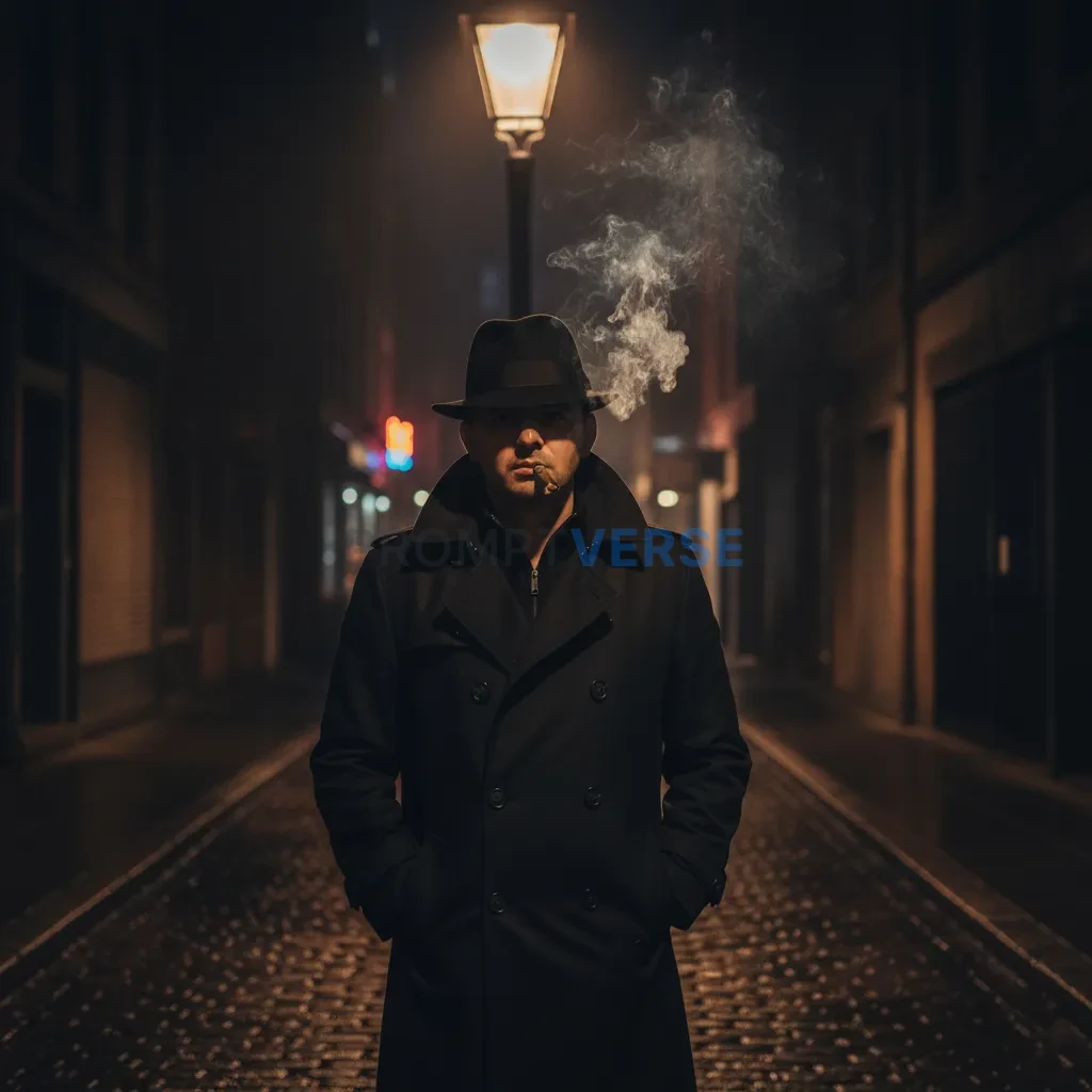 Cinematic noir portrait, man in trench coat and fedora standing under flickering street lamp, cigar smoke drifting into the ni - PromptVerse