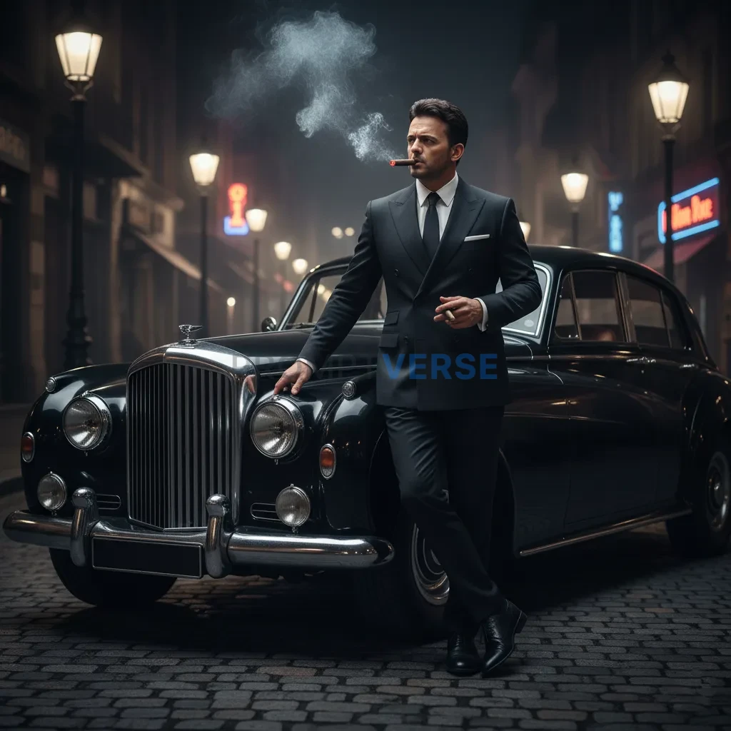 High-quality cinematic shot, mafia boss smoking a cigar beside a vintage Bentley, soft ambient street lighting giving noir atm - PromptVerse