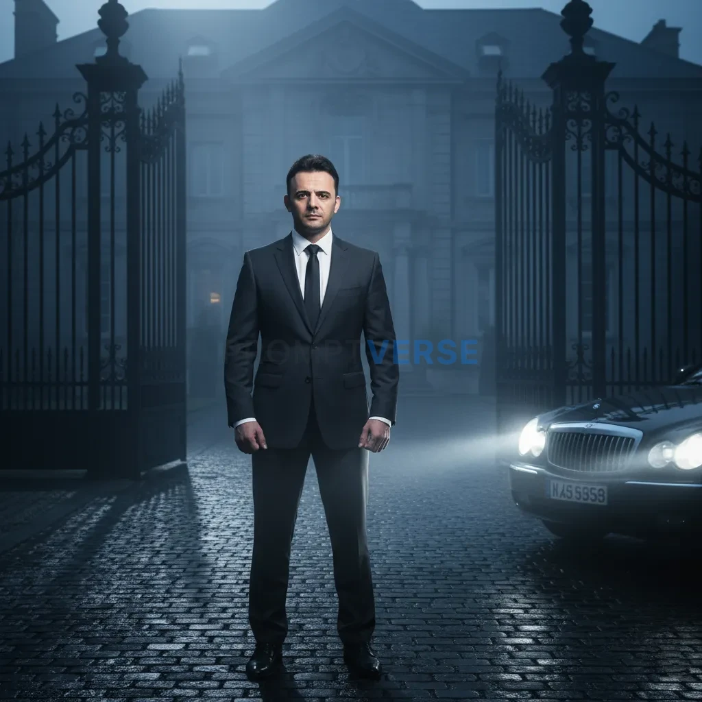 Editorial portrait, mafia boss standing in front of wrought-iron gates of his mansion, car headlights casting dramatic shadows - PromptVerse