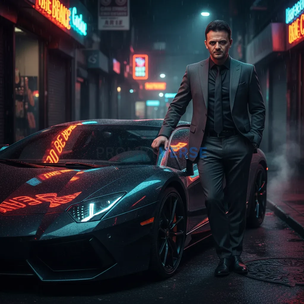 Ultra-detailed portrait, mafia boss beside a Lamborghini under neon reflections, dramatic lighting highlighting the polished c - PromptVerse
