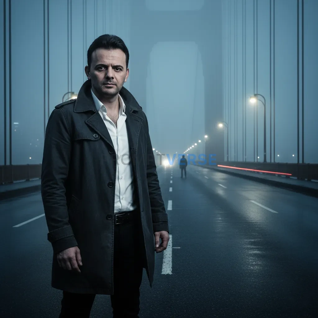 Cinematic portrait of a man standing on foggy suspension bridge, opponent blurred at the other end. - PromptVerse