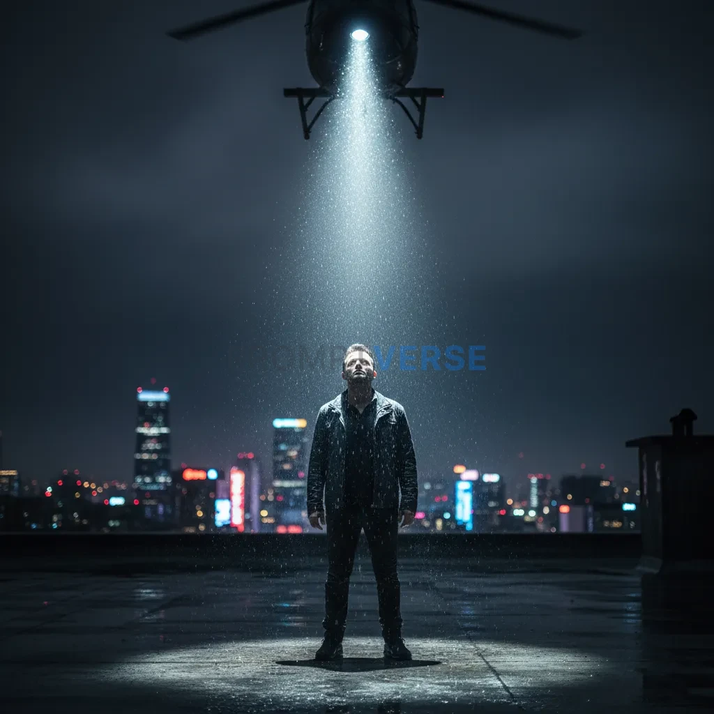 Ultra-detailed portrait of a man standing on rooftop, helicopter searchlight beaming down dramatically. - PromptVerse