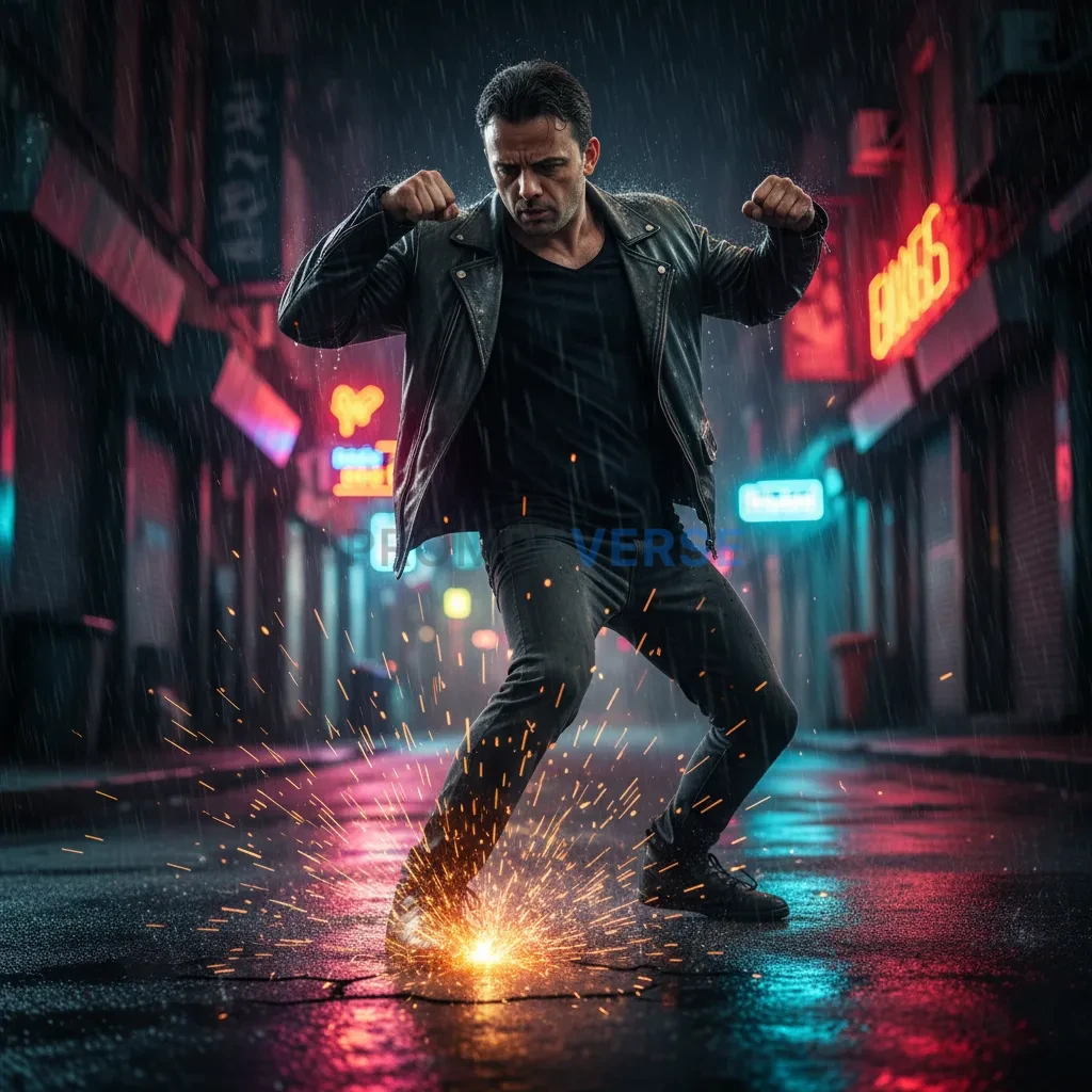 Cinematic portrait of a man mid-fight, cracked pavement and sparks under neon sign glow. - PromptVerse