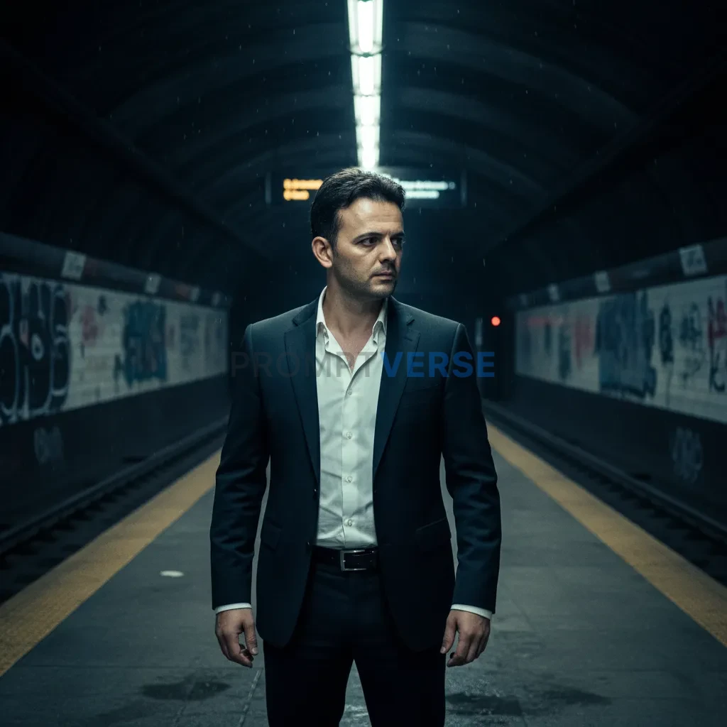 Cinematic close-up of a man facing off in an empty subway station, flickering lights and tension. - PromptVerse