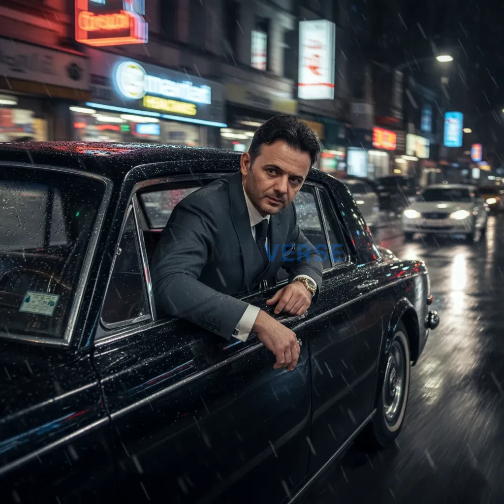 Ultra-detailed action shot, mafia boss leaning out of luxury car window, city lights streaking behind, cinematic motion blur. - PromptVerse