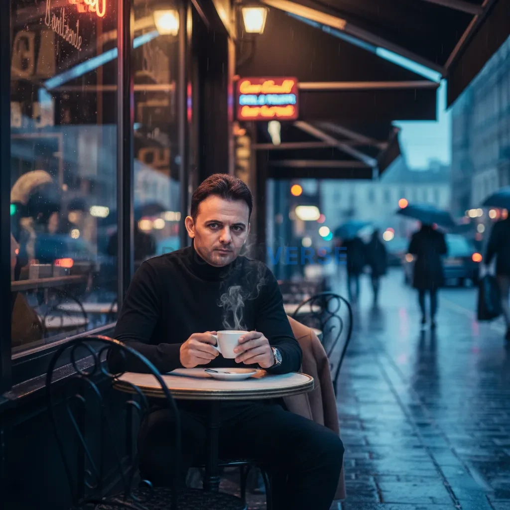 Cinematic portrait of man at corner café in rainy city street, steam rising from cup, coat draped over chair, reflective neon  - PromptVerse