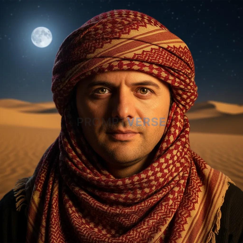 Cinematic headshot, man in traditional scarf at a desert campfire, golden sands glowing under the moonlight, calm but powerful - PromptVerse