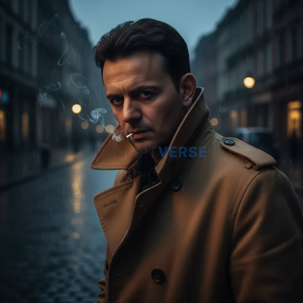Ultra-detailed headshot, man in a camel trench coat with collar popped, cigarette smoke curling around his face, background bl - PromptVerse