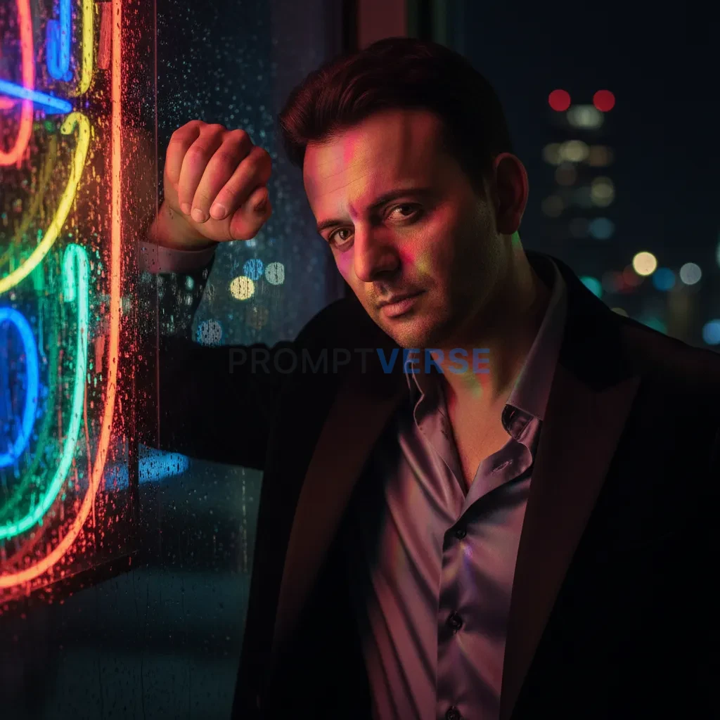 Cinematic close-up portrait of a man in a sharp velvet blazer with an open silk shirt, leaning against a rain-streaked window  - PromptVerse