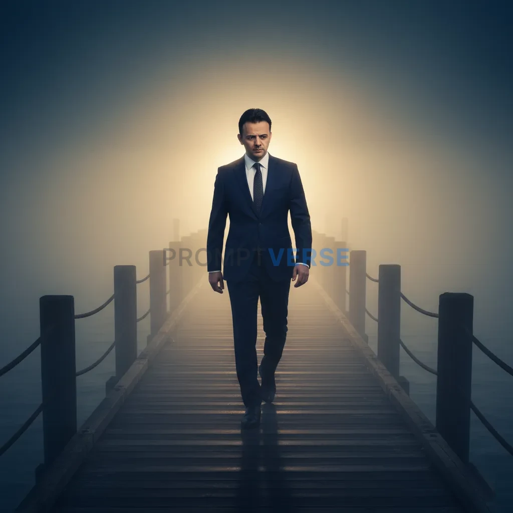 Outdoor cinematic portrait, man in a dark suit walking along a foggy pier, dramatic backlight from the setting sun, cinematic  - PromptVerse