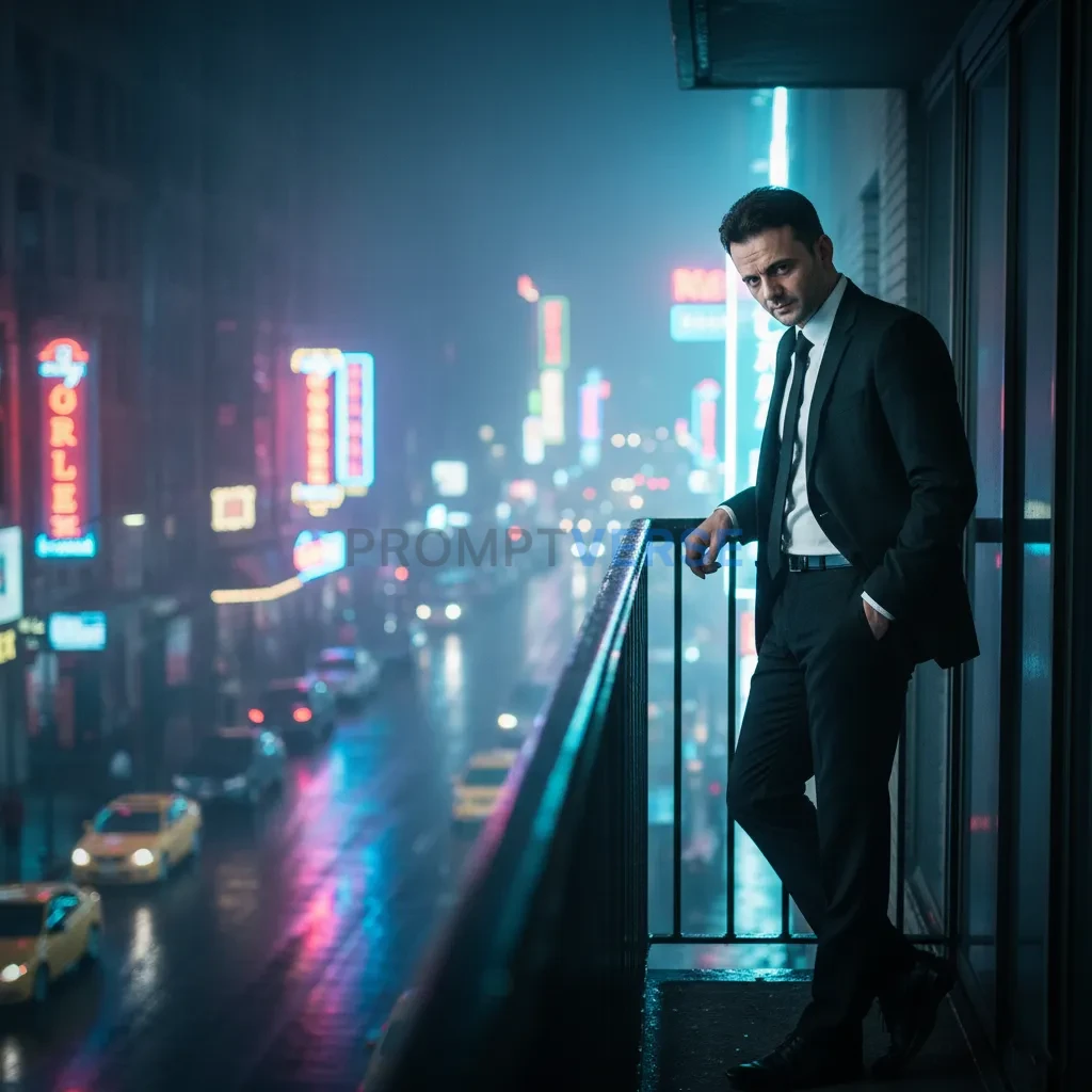 Wide cinematic portrait, man in black suit leaning on a railing overlooking a neon-lit city street at night, moody urban gangs - PromptVerse