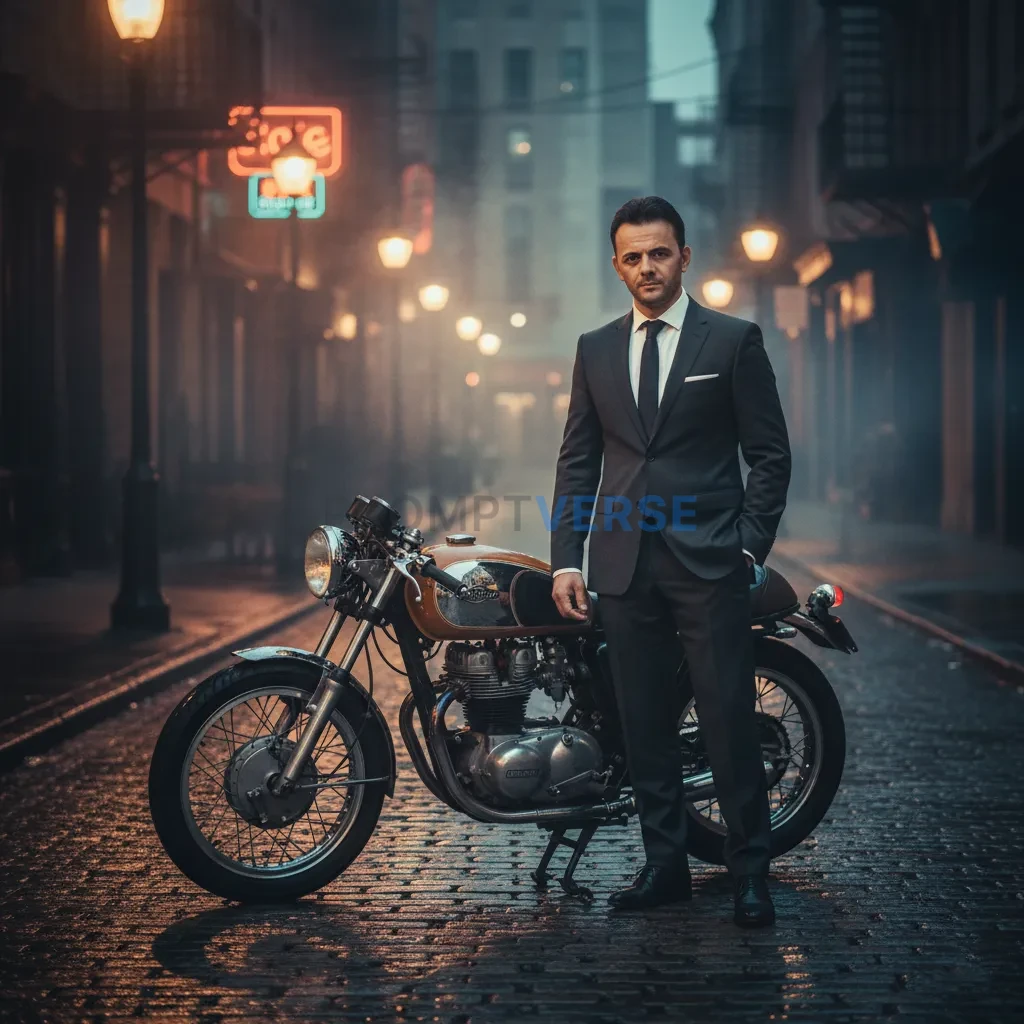 Outdoor portrait, man in tailored suit standing by a vintage motorcycle under soft streetlights, cinematic urban noir style. - PromptVerse