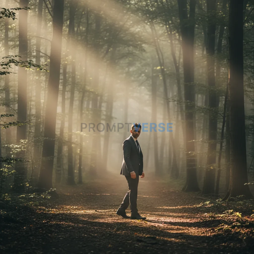 Wide cinematic shot, suited man walking through a misty forest path, sunlight filtering through trees, dramatic film aesthetic - PromptVerse