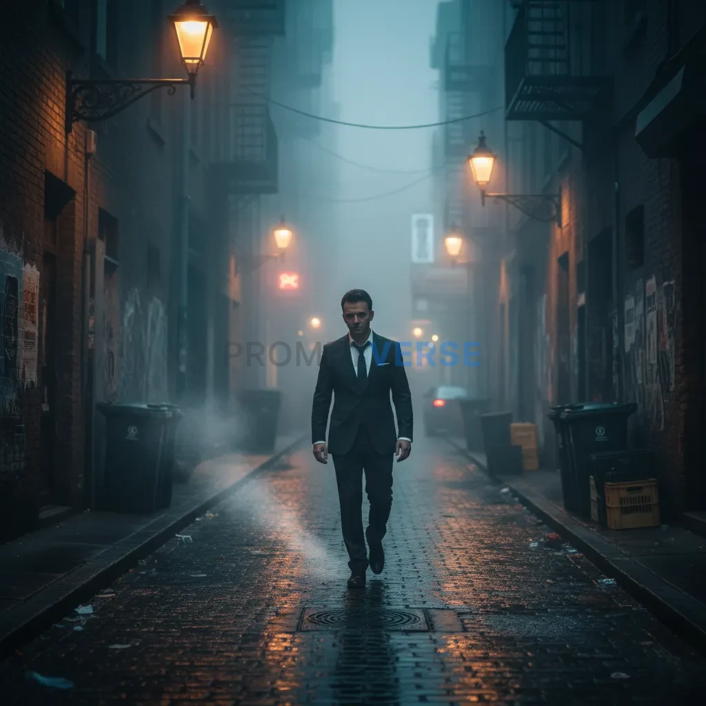 Wide shot of a man in a dark suit walking down a narrow urban alley, fog rolling in, street lamps creating cinematic shadows o - PromptVerse