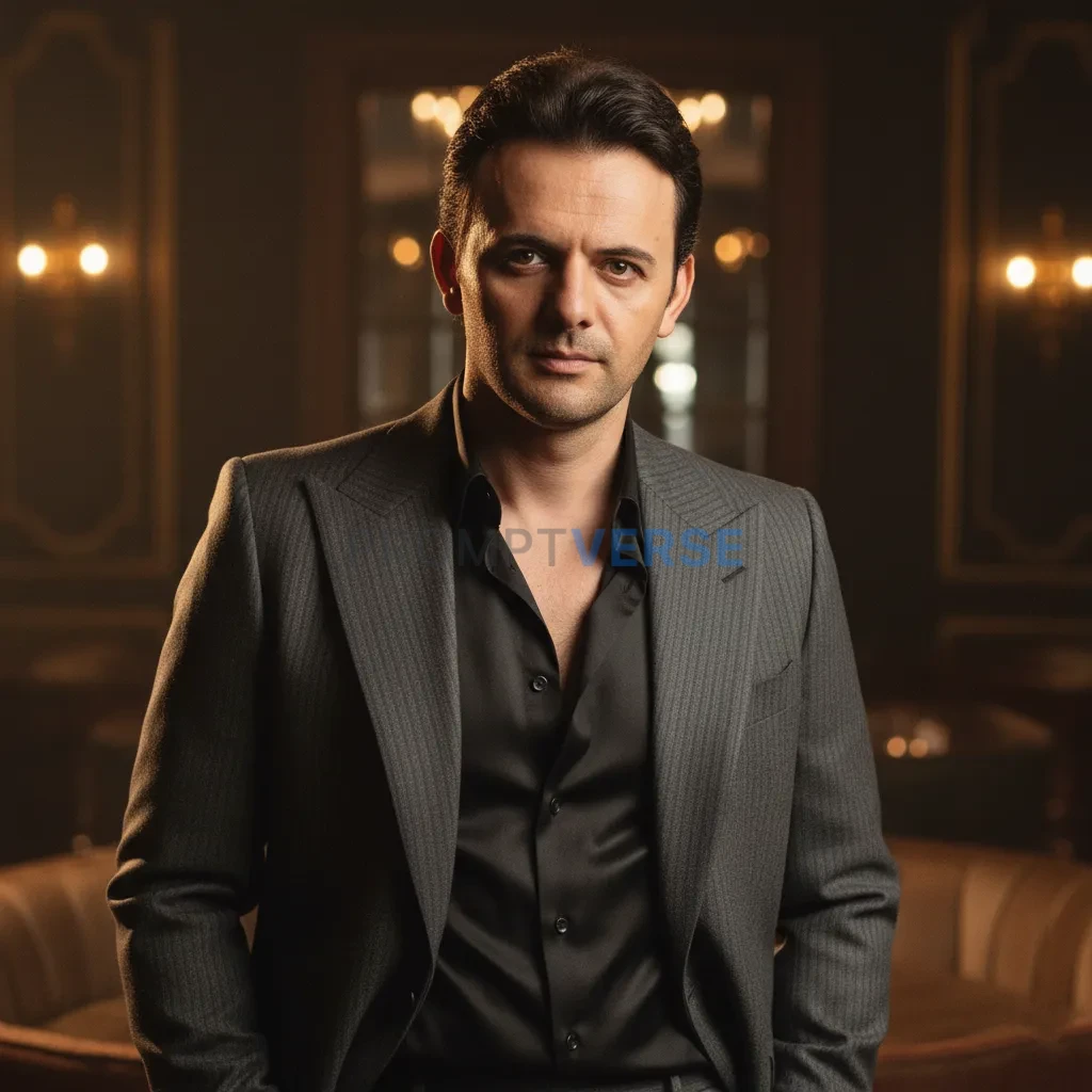 Editorial fashion portrait, man in a wide-lapel tailored suit, soft film grain aesthetic, channeling 1970s cinema star energy. - PromptVerse