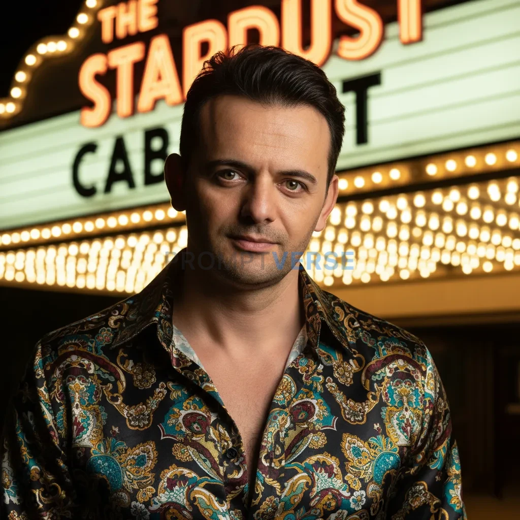 Cinematic close-up portrait, man in a silk patterned shirt with bold collar, standing under a vintage marquee sign, glowing re - PromptVerse
