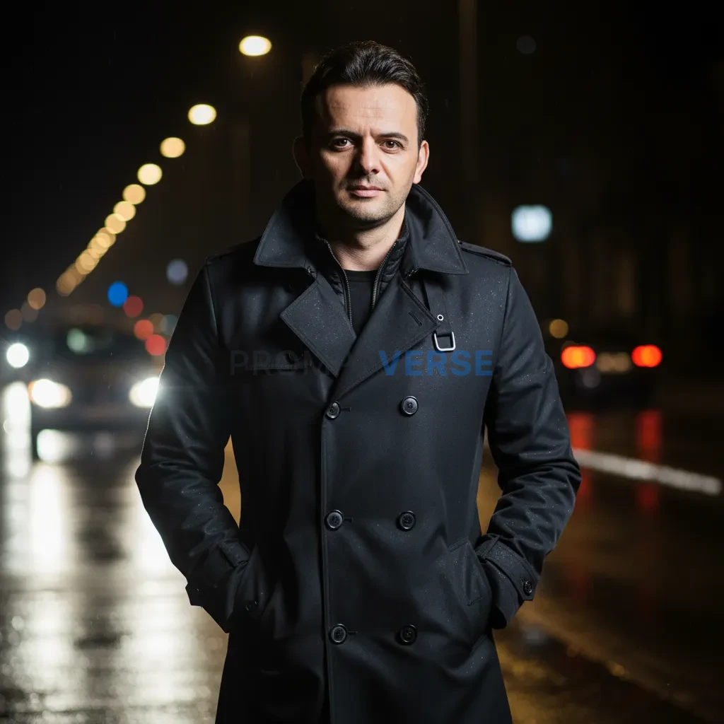Cinematic fashion portrait of a man in a dark utility trench, gloved hands in pockets, blurred headlights glowing behind him,  - PromptVerse
