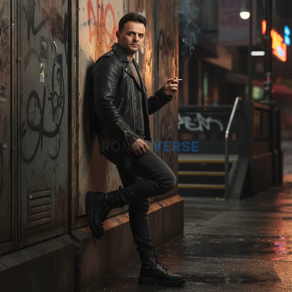 Ultra-detailed portrait, man in a cropped leather jacket with chunky boots, leaning against a subway exit wall, cigarette smok - PromptVerse