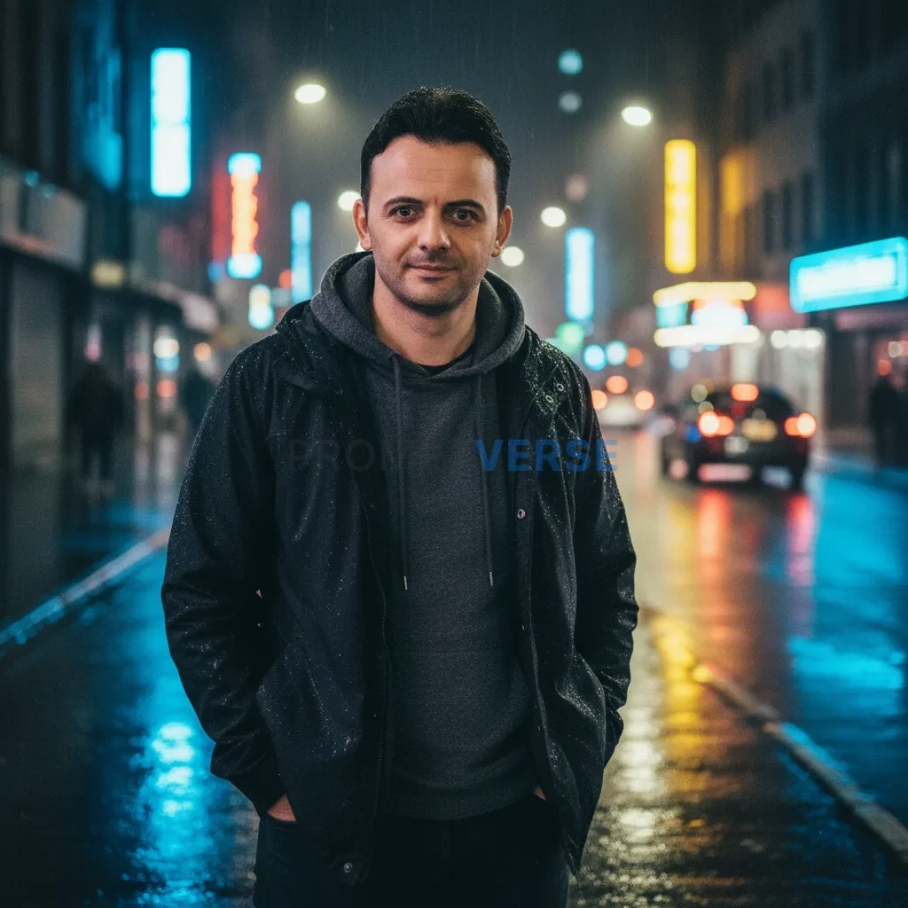 Urban portrait of a man wearing hoodie and jacket, rainy night atmosphere. - PromptVerse