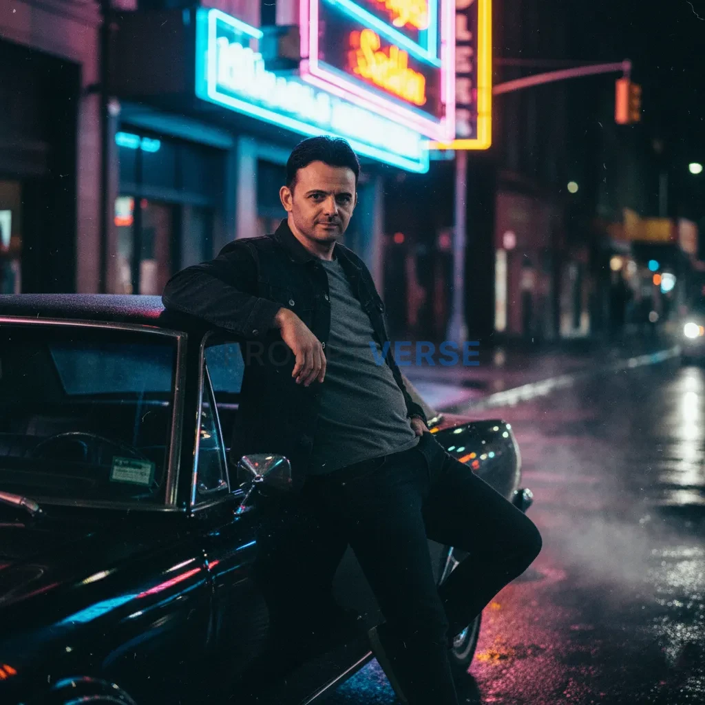 Cool man leaning on a black car under neon signs, dramatic shadows. - PromptVerse