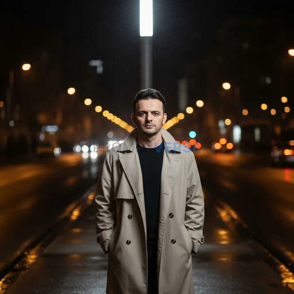 Striking editorial portrait, man wearing a loose oversized trench coat draped over shoulders, standing under a bright streetla - PromptVerse
