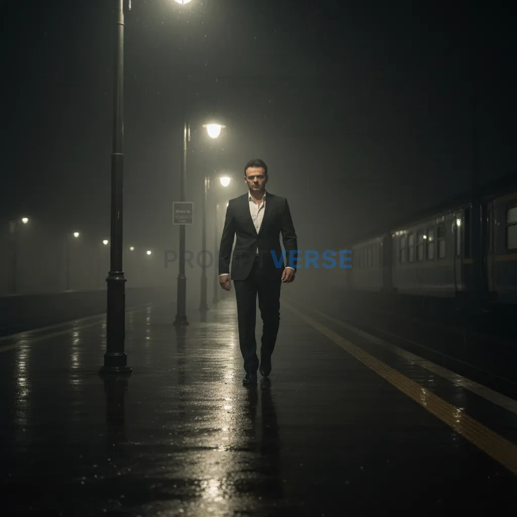 A moody wide shot of a suited figure walking down a deserted train station platform at night, fog rolling in, flickering overh - PromptVerse