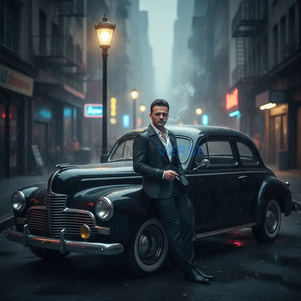Cinematic portrait of a figure leaning against a vintage car under a street lamp, wearing a tailored suit with open collar, sm - PromptVerse