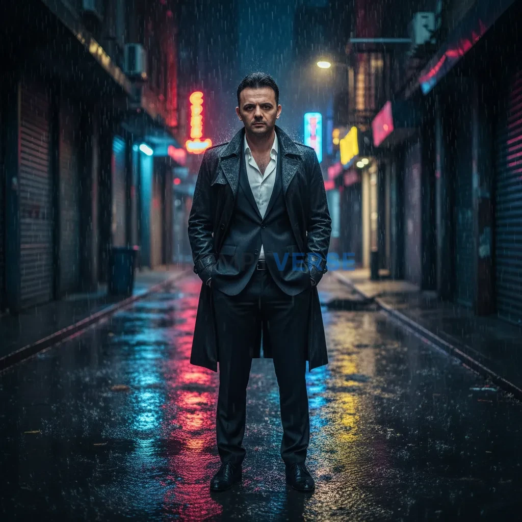A wide cinematic shot of a suited man standing alone in a rain-soaked alley, neon signs glowing in the background, water puddl - PromptVerse