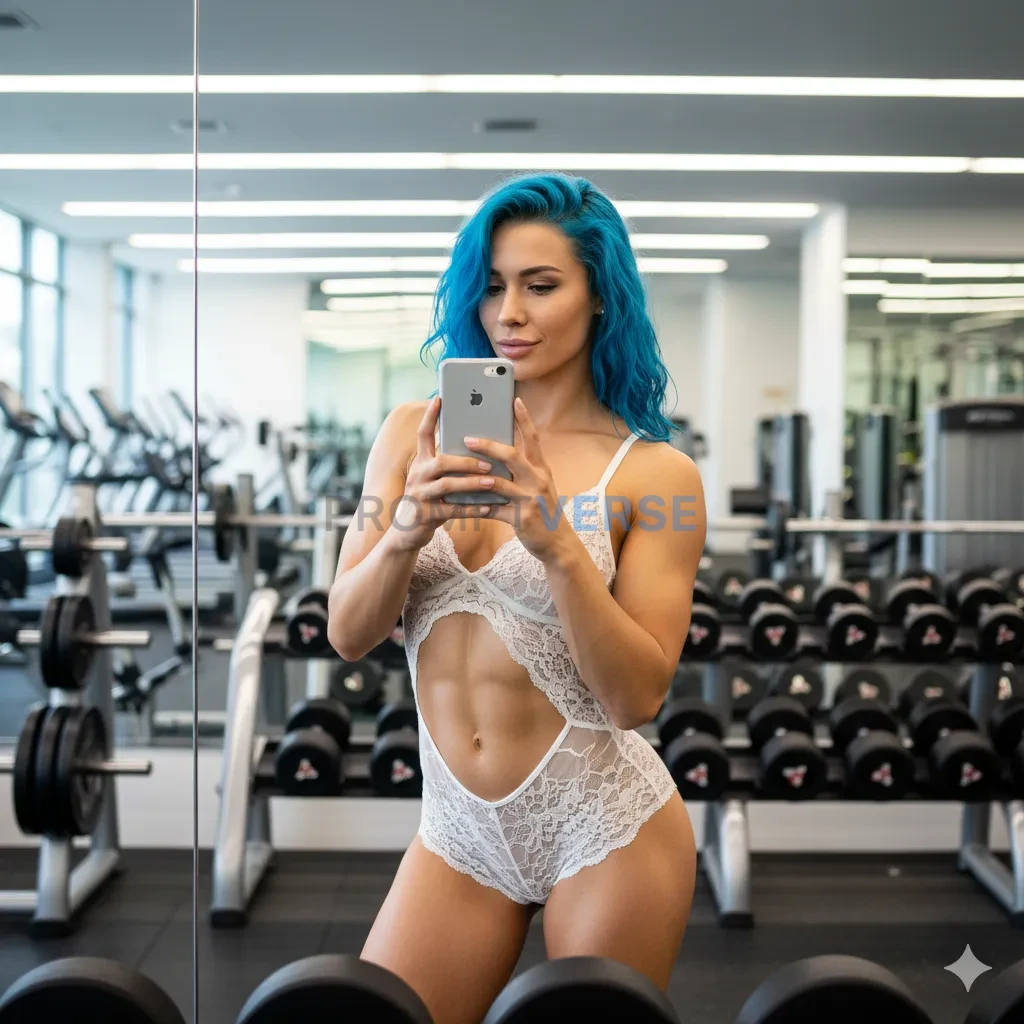 A fitness selfie in a modern gym with weight racks visible in background. Girl of 20 age, wearing a white see-through teddy. T - PromptVerse