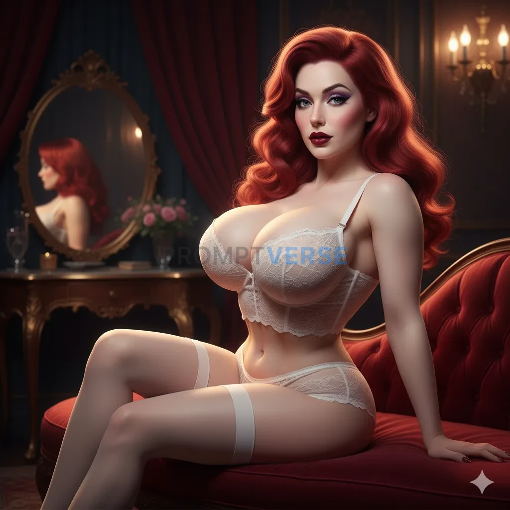 Jessica Rabbit , Pechos grandes , Lencería blanca , medias , maquillaje morado , labios oscuros ,  - PromptVerse