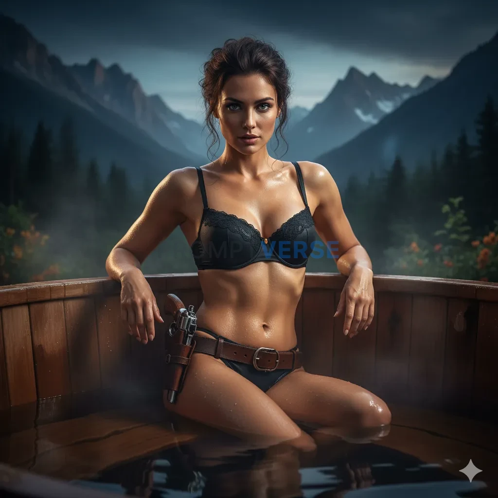 full body portrait woman a powerful and dignified portrait ,gorgeous female sitting in wooden hot tub jacuzzi, attractive, fli - PromptVerse